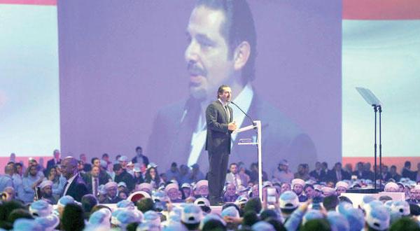 سعد الحریری نخست وزیر سابق لبنان در سخنرانی خود به مناسبت دهمین سالگرد ترور پدرش در بیروت (رویترز)