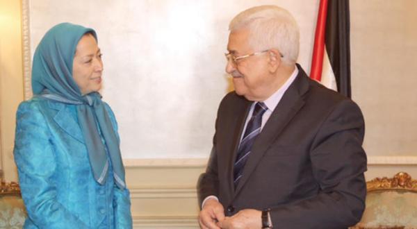 محمود عباس رئیس تشکیلات خودگردان فلسطین هنگام دیدار با مریم رجوی رهبر مخالفان ایران در پاریس – عکس از الشرق الأوسط