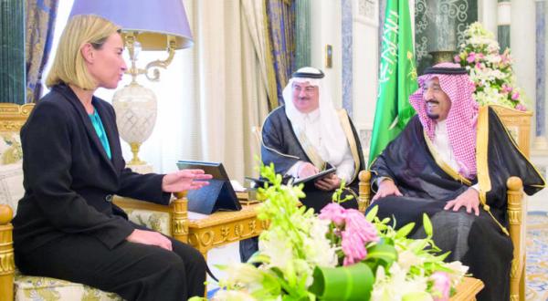 ملک سلمان بن عبد العزیز خادم حرمین شریفین و مسوول امور خارجه اتحادیه اروپا روز گذشته در ریاض دیدار کردند (واس)